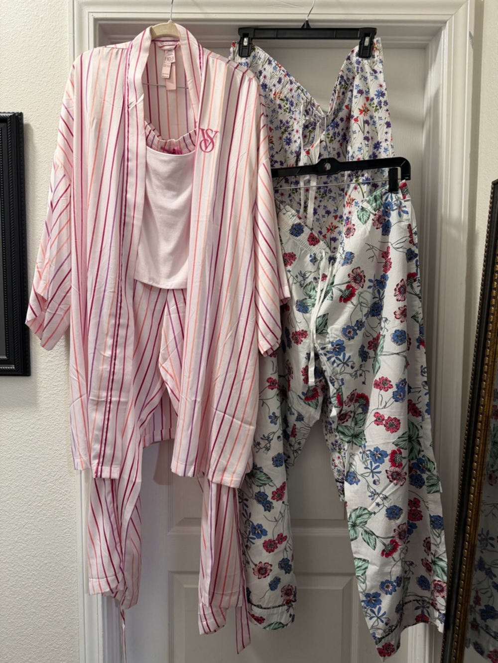 Victoria's Secret White Satin Lounge Set with Pink and Purple Stripes,